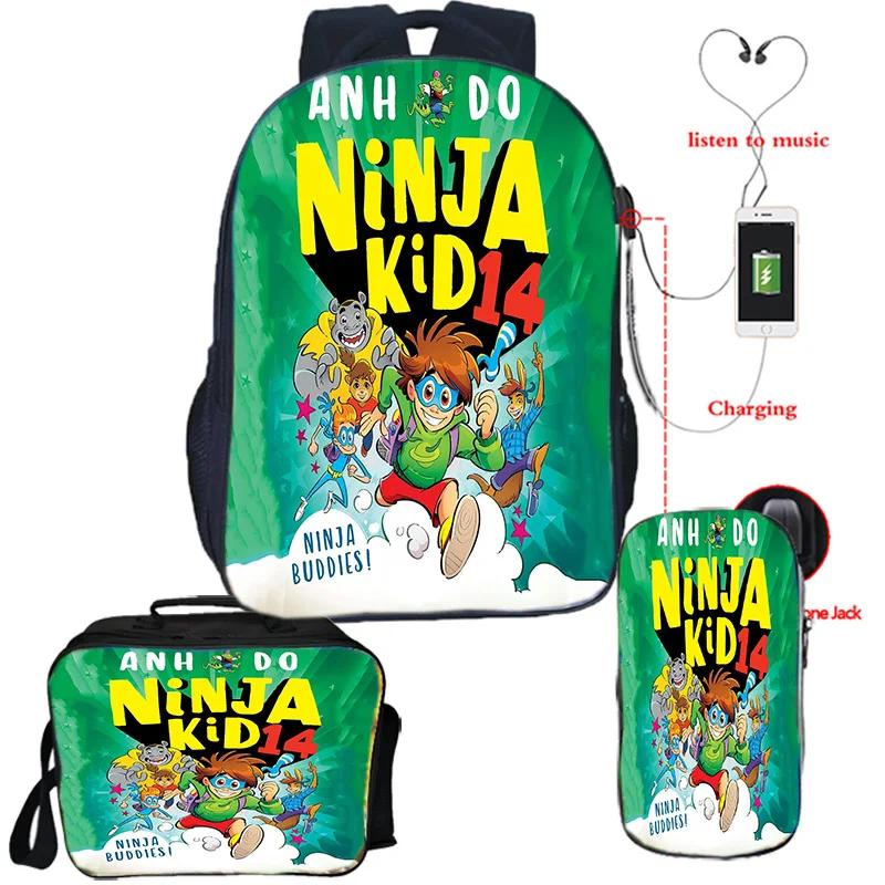 Мальчики Девочки Рюкзак NINJA KIDZ Школьный USB Сумка для книг Рюкзак Ninja Kidz Сумка через плечо Пенал Набор из 3 предметов Школьные сумки Лучший подарок