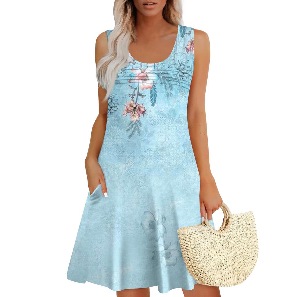 Женские летние платья, свободные сарафаны без рукавов с U-образным вырезом и карманами