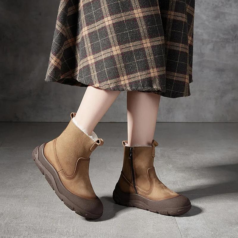 Johnature Ботинки из натуральной кожи и шерсти, теплые, с круглым носком, на толстой подошве, с боковой молнией, женские короткие ботинки в стиле ретро