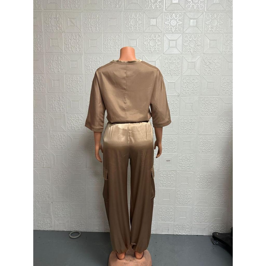 Женский комплект, однотонный комплект из гладкого атласа, топ с рукавами три четверти и брюки, комплект из двух предметов