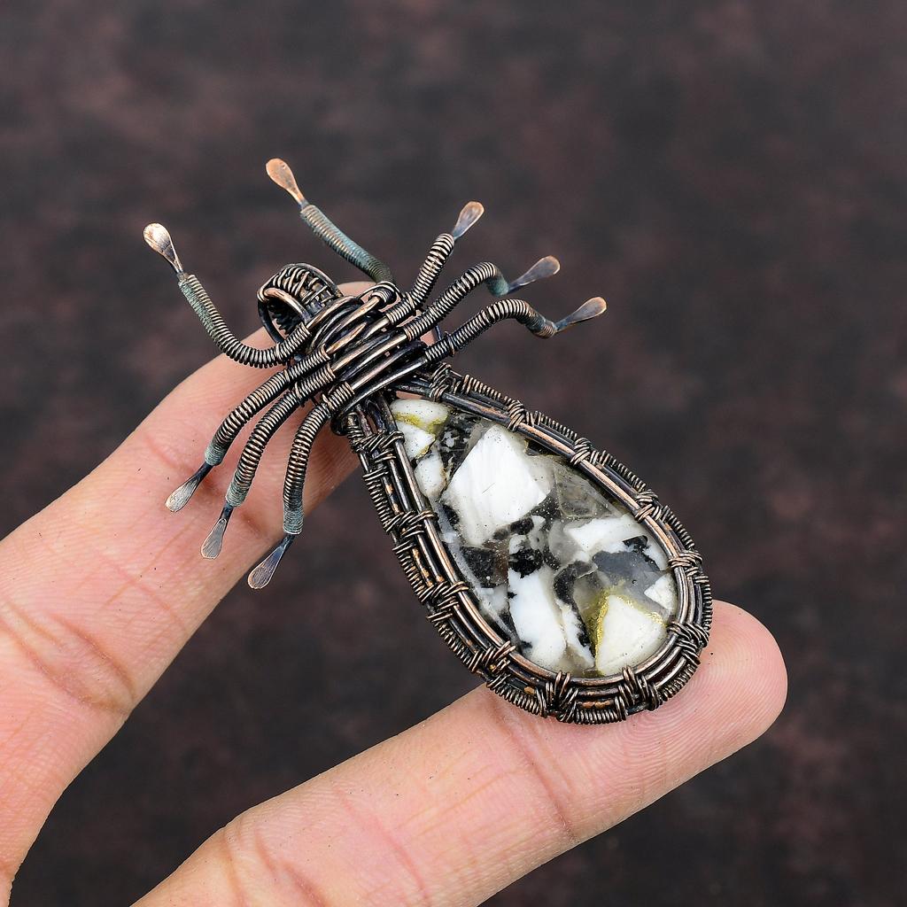 Медный кулон Черный и Белый Бирюзовый Медный кулон с обмоткой из проволоки Драгоценный камень Кулон Паук Медные украшения для подарка Дизайнерский кулон ручной работы