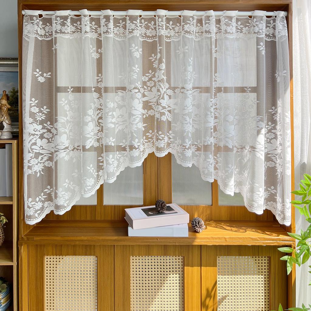 White Flower Sheer Triangle Curtain for Kitchen Small Window Half Curtain, French Country Decor Rod Pocket Drape