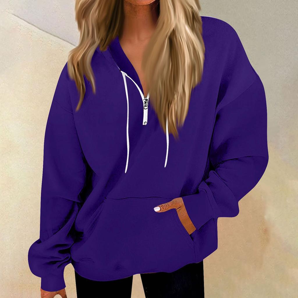 Women's Casual Fashion Long Sleeve Solid Color Zip Pullover Hoodies Sweatshirt Top
