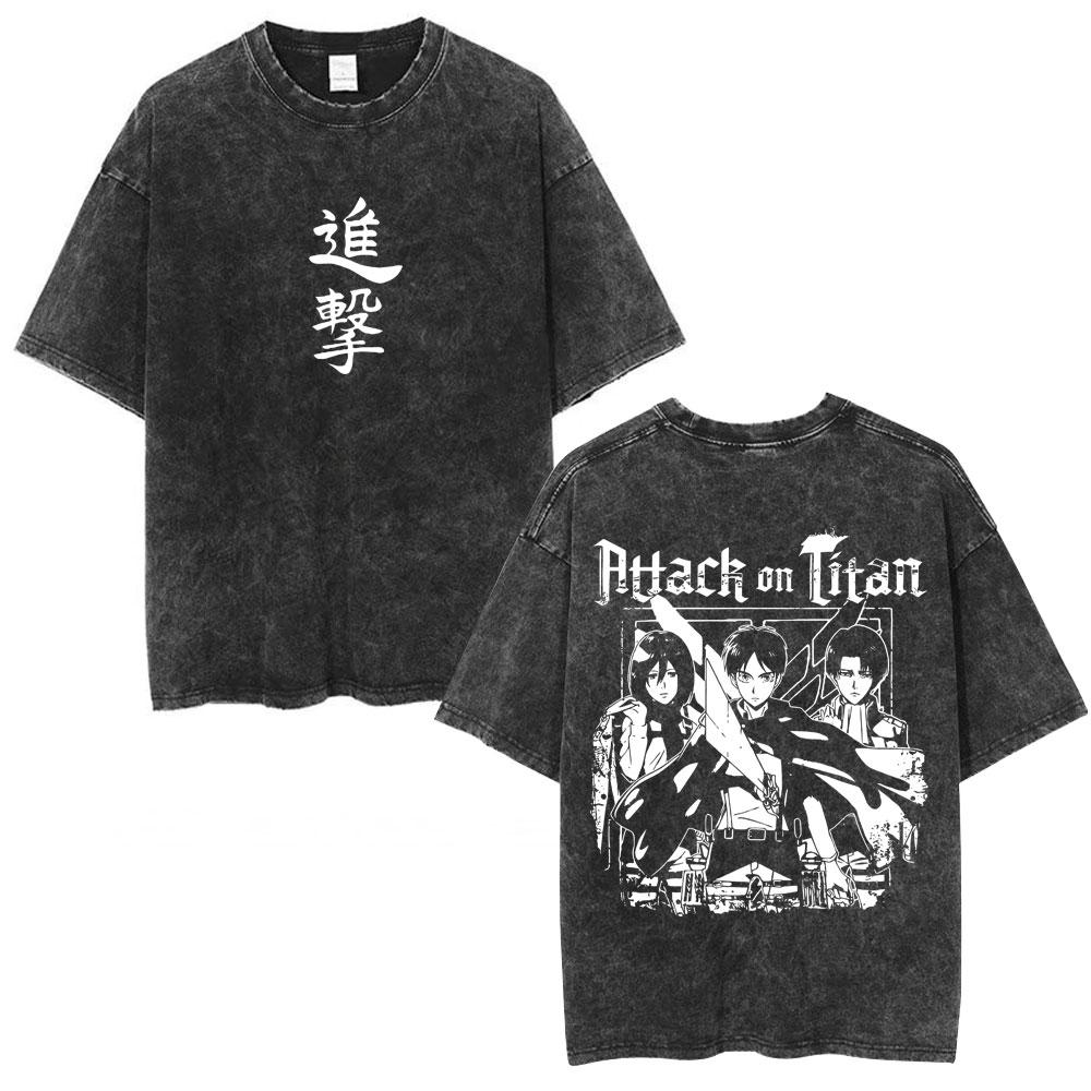 Anime AOT Attack on Titan Washed Tshirt Shingeki No Kyojin Season 4 Final Rumbling Eren Yaeger Oversized Tshirts Streetwear