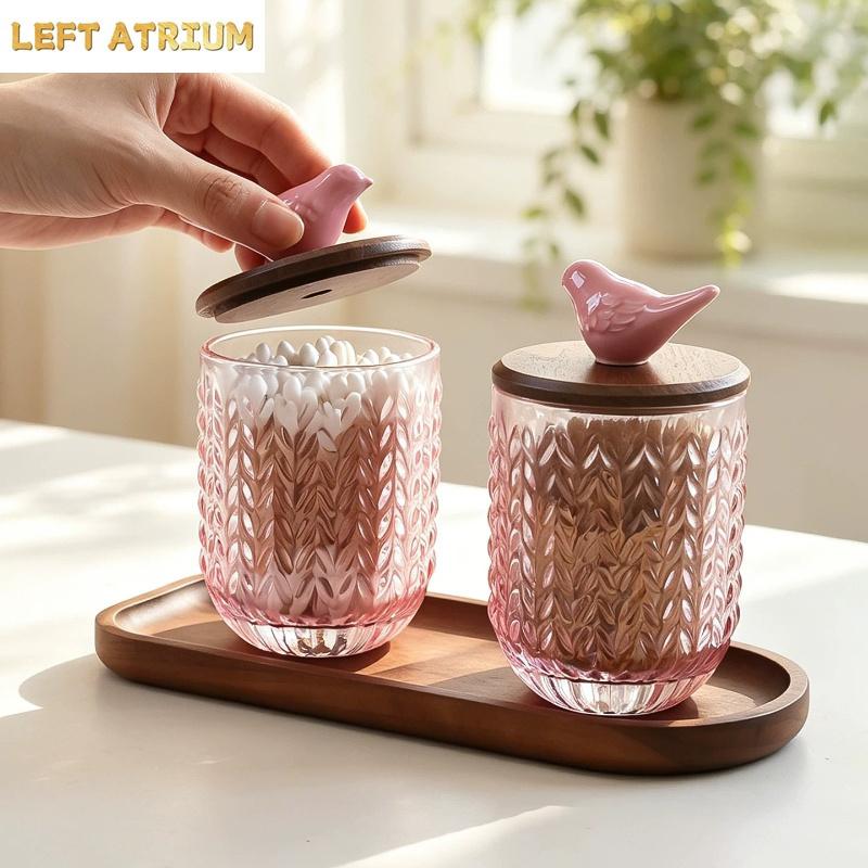 Pink Glass Storage Jar Bird Wood Cover Toothpick Holder Cotton Swab Box Storage Bottle Sugar Jar Dried Fruit Box Storages Tank