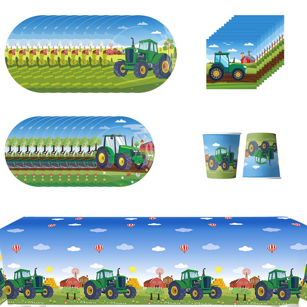 New 51PCS Farm Tractor Party Tableware Included Plates, Cups, Napkins, a Tablecloth