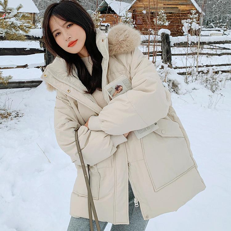 Winter Thickened Hooded Cotton Jacket for Women with Large Fur Collar Casual Loose Clothes