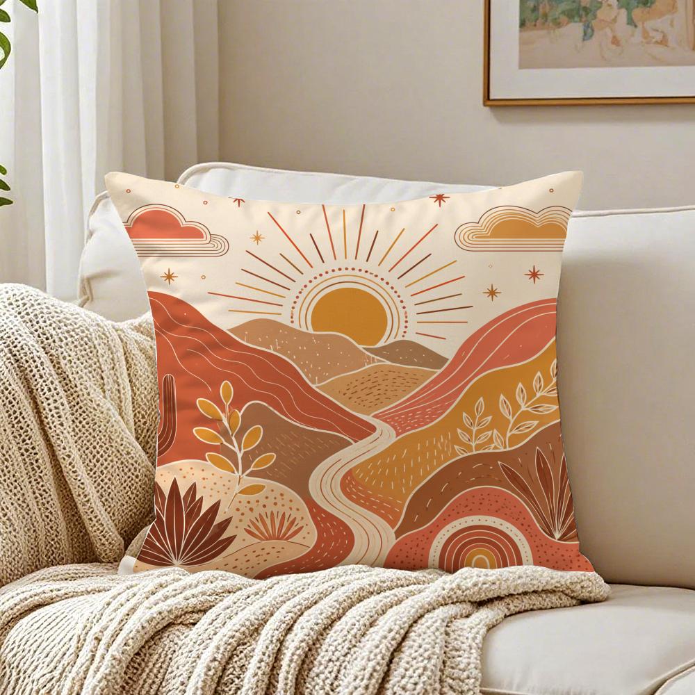 Boho Folk Art Sun Mountain Cushion Cover Breathable Short Plush Cushion Covers Machine Washable WrinkleResistant Soft Durable