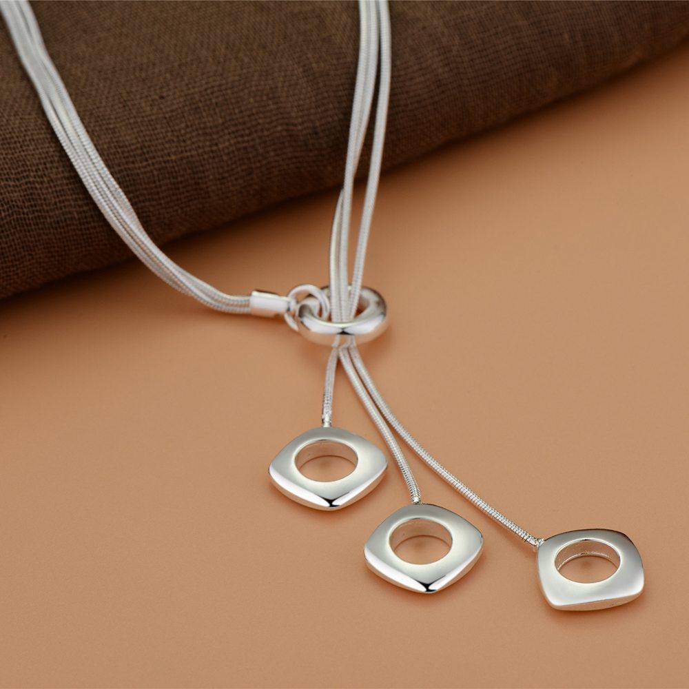 Silver 925 Square block Pendant Necklace Snake chain For Women Man Fashion Wedding Party Charm JewelryGood product