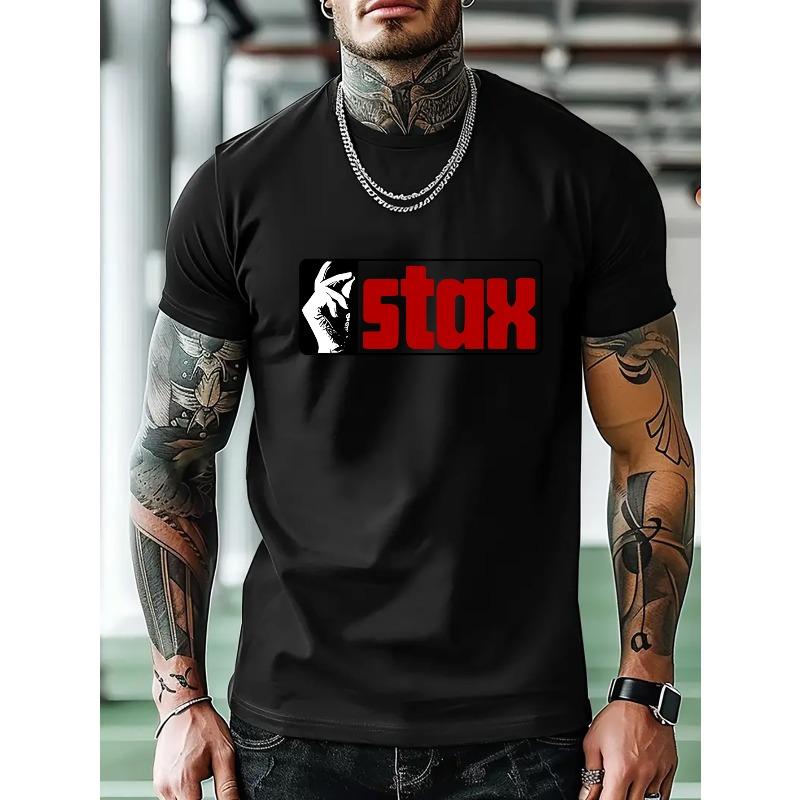 Мужская повседневная спортивная футболка с ярким принтом «stax» - с коротким рукавом, круглым вырезом, летняя одежда для улицы, черная с красно-белым дизайном