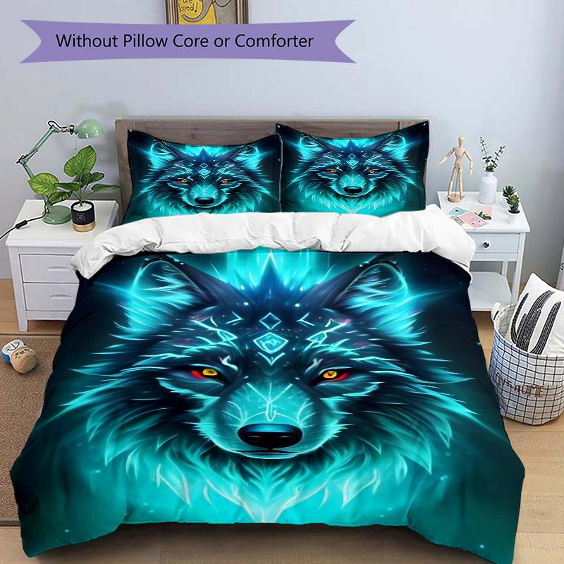 3pcs Mystical Beast with Glowing Blue Fur Wolf Quilt Set Cartoon Themed Bed Quilt Set Lovely Character Bedroom Decor Bed Quilt