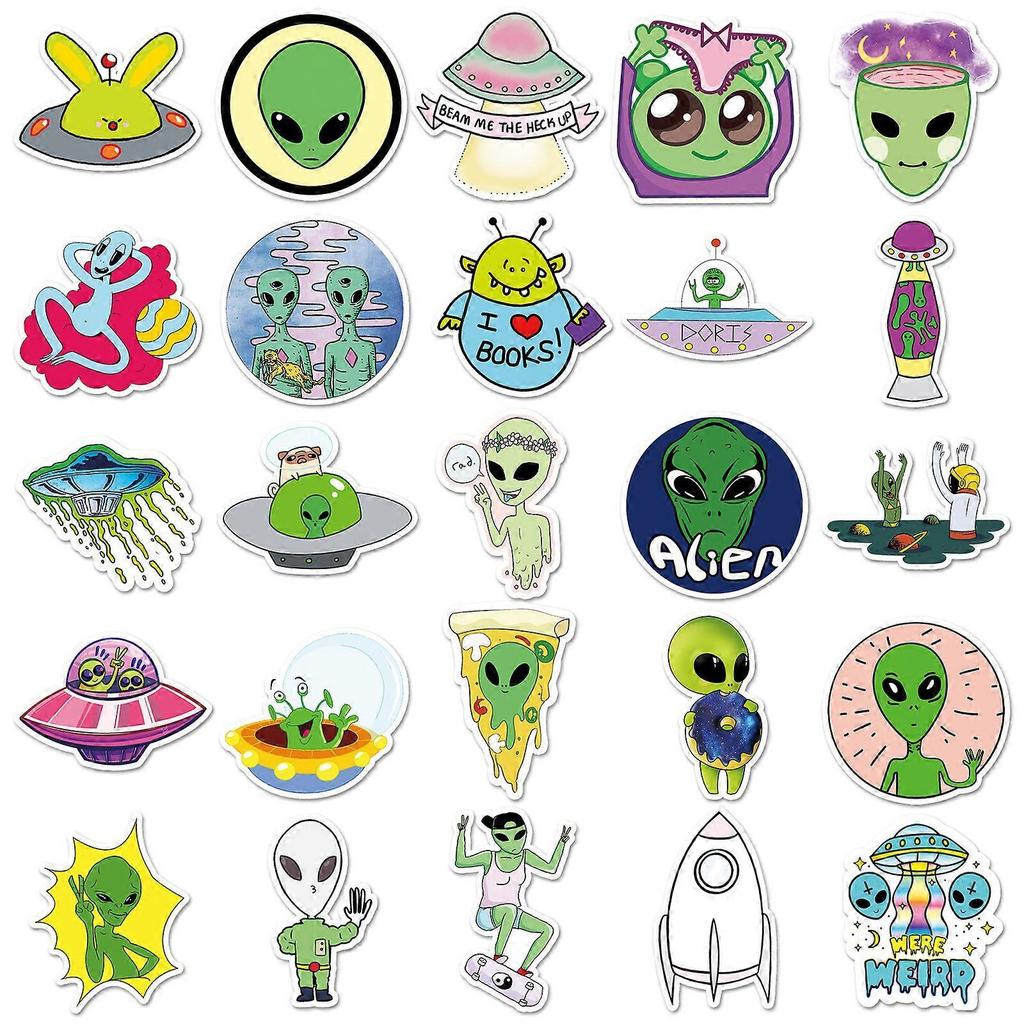 50 Alien Doodle Cartoon UFO Stickers - Waterproof DIY Journal, Skateboard, and Luggage Stickers