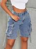 Rose Beauty A Y2K Street High Waist Flap Pocket Tape Detail Work Cargo Denim Bermuda Wide Leg Jean Shorts Summer Comfy Trendy Jorts