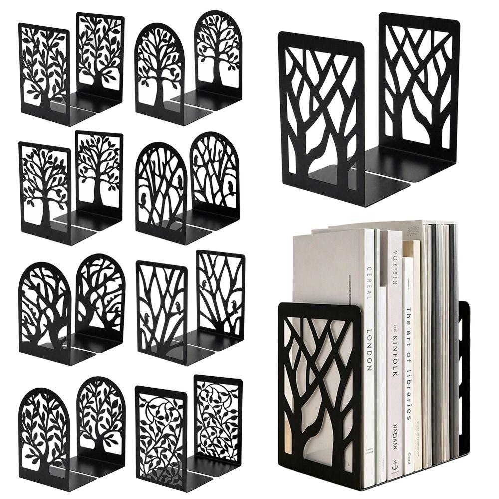 2Pcs Hollow Tree Pattern Metal Bookends T-Shape Book Stopper Desktop Bookshelf Organizer Gift