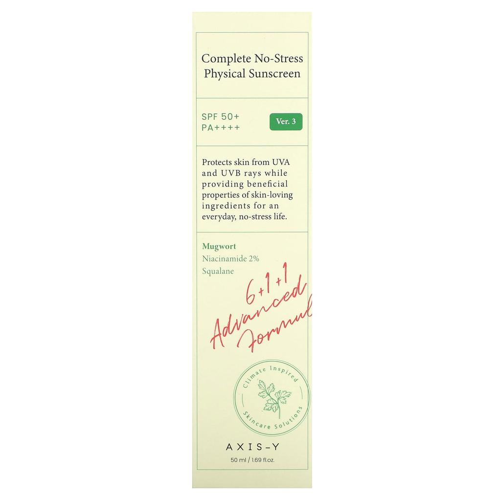 AXIS-Y Солнцезащитный крем Complete No Stress Physical Sunscreen, SPF 50+, PA++++, версия 3, 1,69 жидких унций (50 мл)
