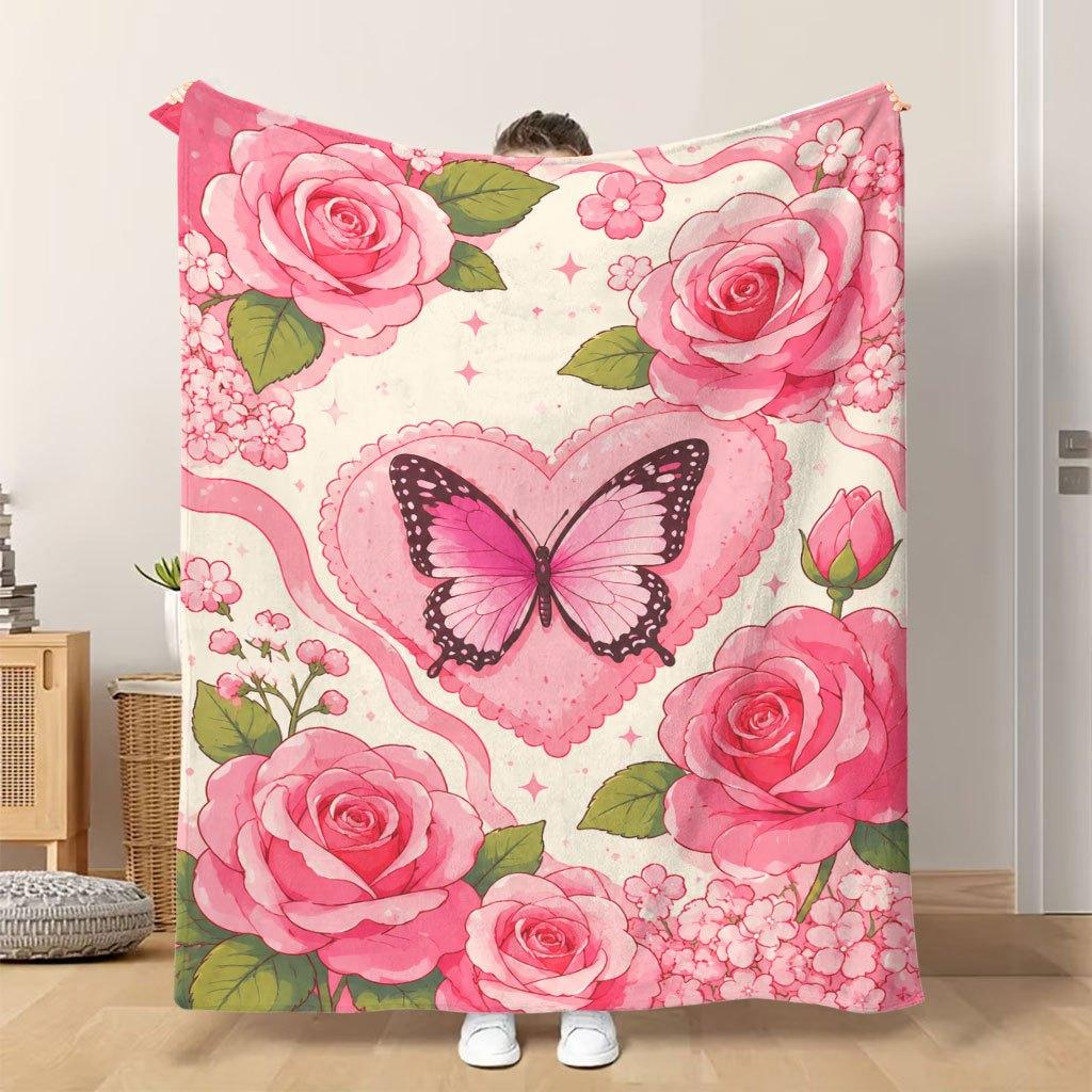 Fflannel Blanket 1pc Heart Butterfly Pink Roses Soft Comfortable and Warm This Nap Blanket/sofa Blanket Is Suitable for All Season