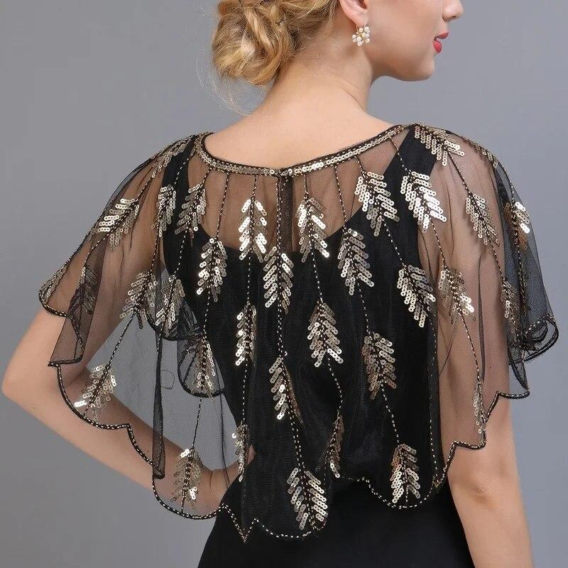 Ретро 1920-х годов, шаль с блестками и бисером, винтажная вечерняя накидка из прозрачной сетки с вышивкой в ​​виде листьев, женское болеро, аксессуары для вечеринок