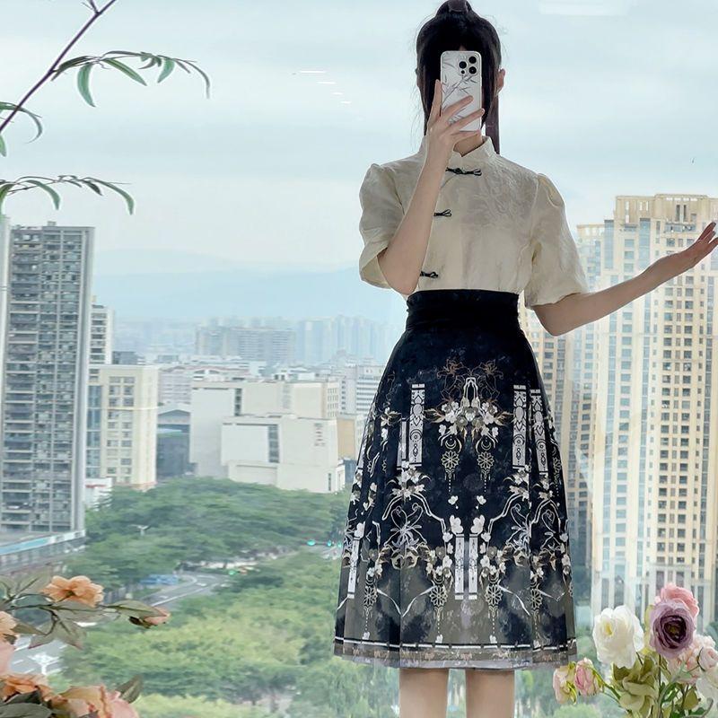 Китайские ханьфу для женщин, летние топы с короткими рукавами, короткие юбки с вытачками, повседневные костюмы