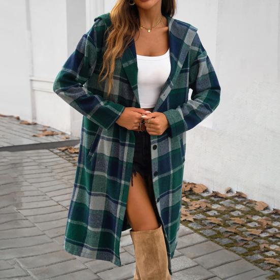 Women Spring Fall Coat with Hood Plaid Printing Loose Mid Length Long