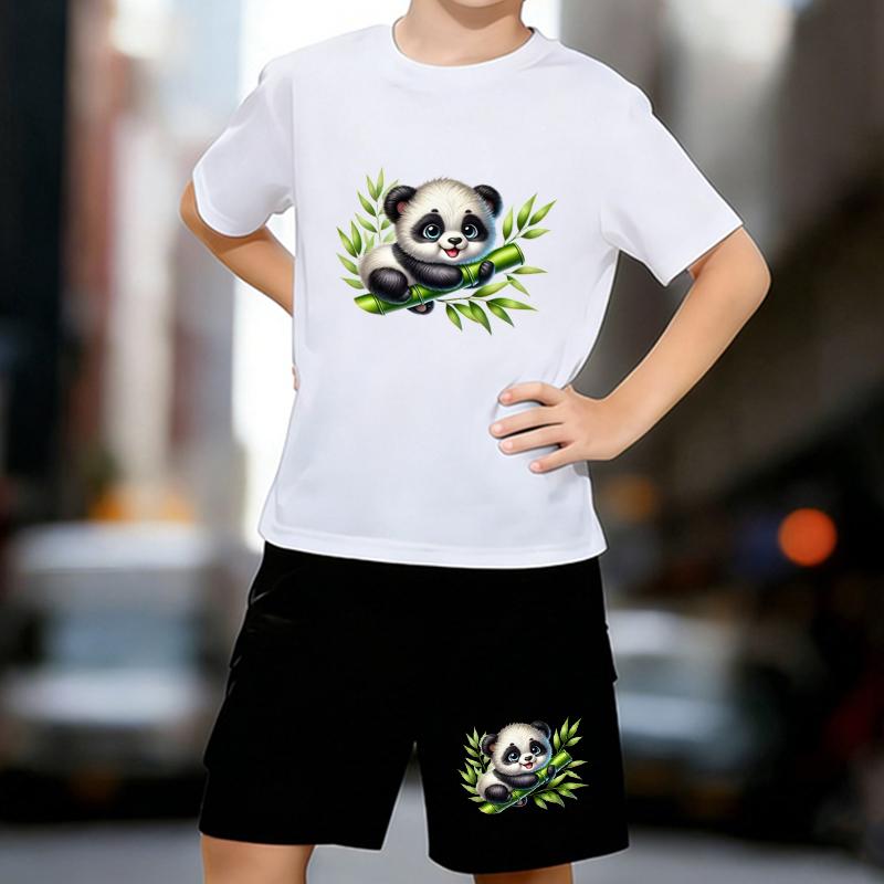 Boys 2 Piece Cute cartoon panda printed Outfit, Short Sleeve T-Shirt and Shorts Set for Kids Age 5-14,Black Sporty Casual Summer Clothes