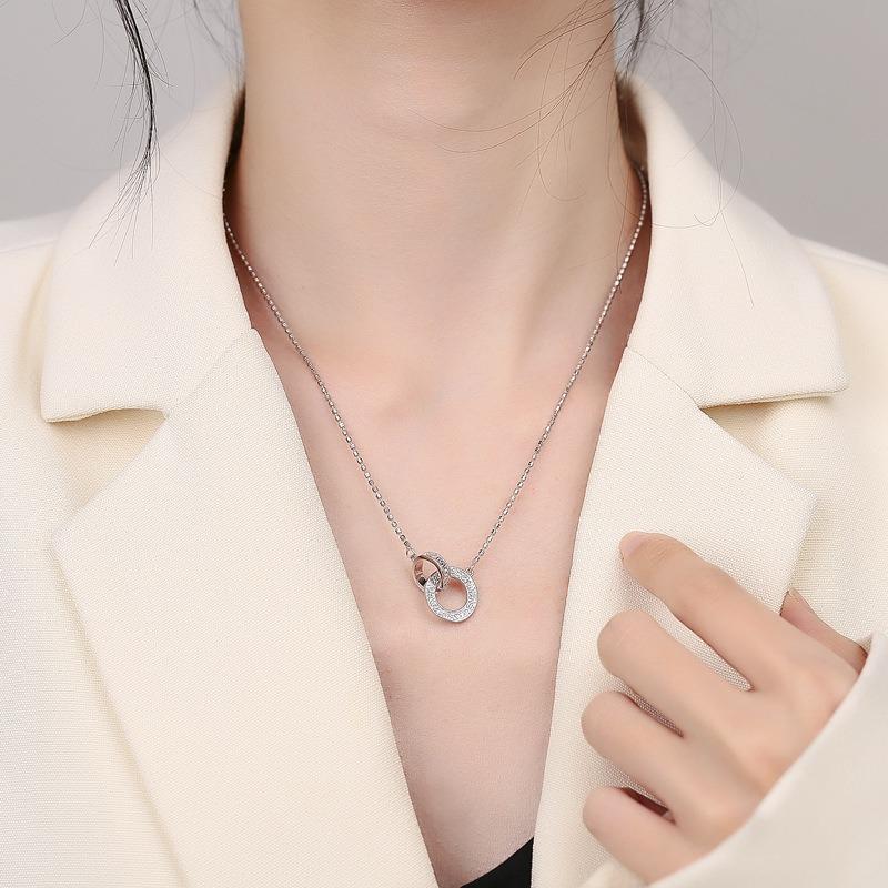 S925 Sterling Silver Double-ring Tang Grass Pattern Necklace Women's Elegant Light Luxury Niche Design High-end Tassel Interlocking Pendant