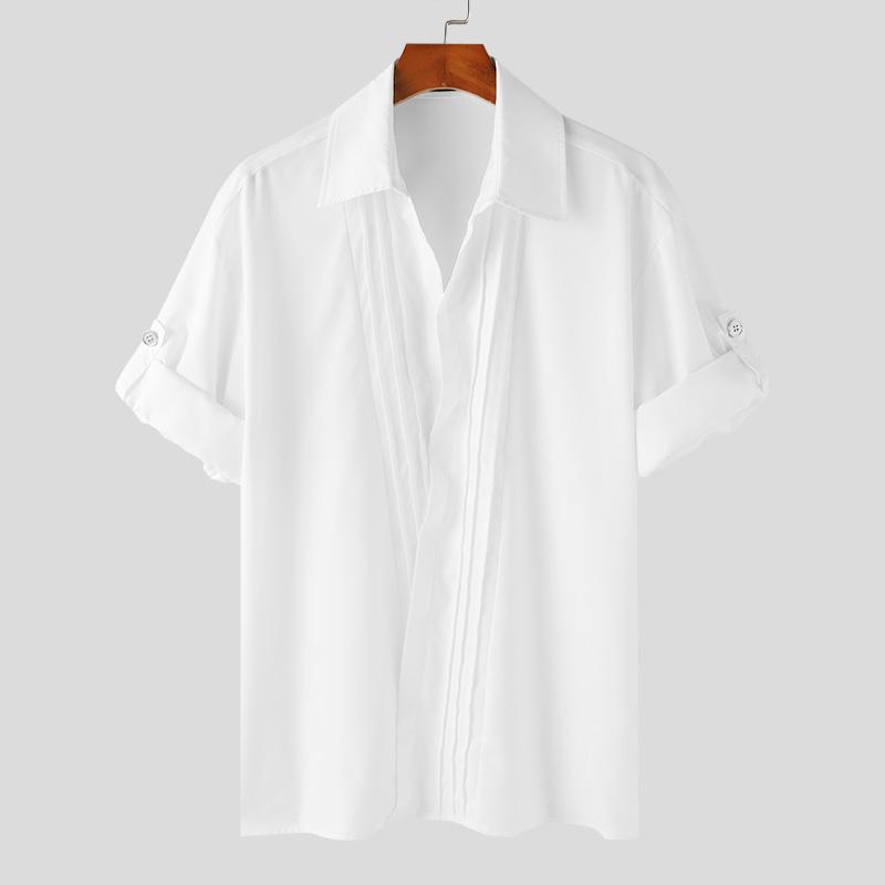 INCERUN Мужские рубашки с коротким рукавом и складками, повседневные, с перекрестными бретелями спереди, однотонные топы