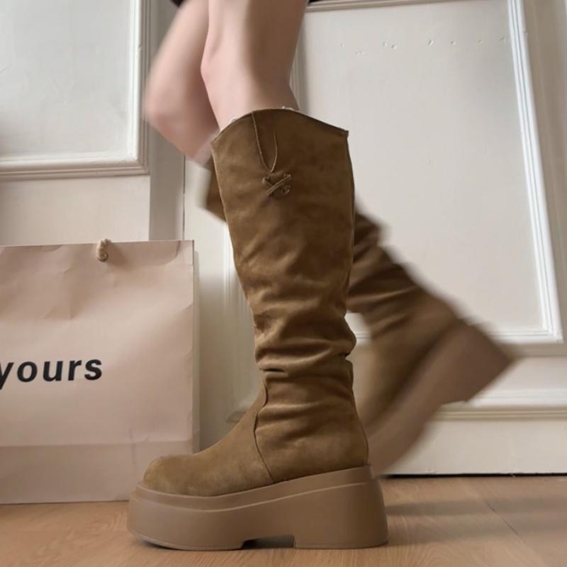 Платформа Толстый Каблук Женские Вестерн Высокие Сапоги Увеличение Роста Обувь Слипоны Осень Зима Женские Панк Винтаж Длинные Ботильоны