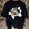 Men's Summer 100 Cotton Fashionable Casual Loose Large Size 3D Cat Pattern Printed Sports Round Neck Short Sleeve T-shirt Top