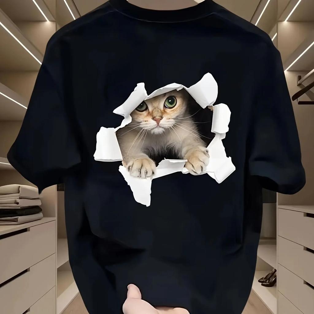 Men's Summer 100 Cotton Fashionable Casual Loose Large Size 3D Cat Pattern Printed Sports Round Neck Short Sleeve T-shirt Top