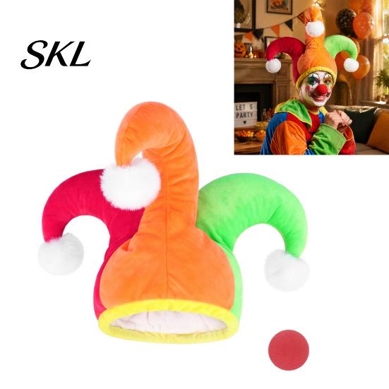 Adult And Child Party Costume Flannel Clown Hat with Red Nose for Halloween & Party, Plush Soft Breathable Circus Three Color Blocked Headwear