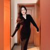High-end soft waxy knitted dress women's autumn and winter temperament waist and thin long inner sweater skirt