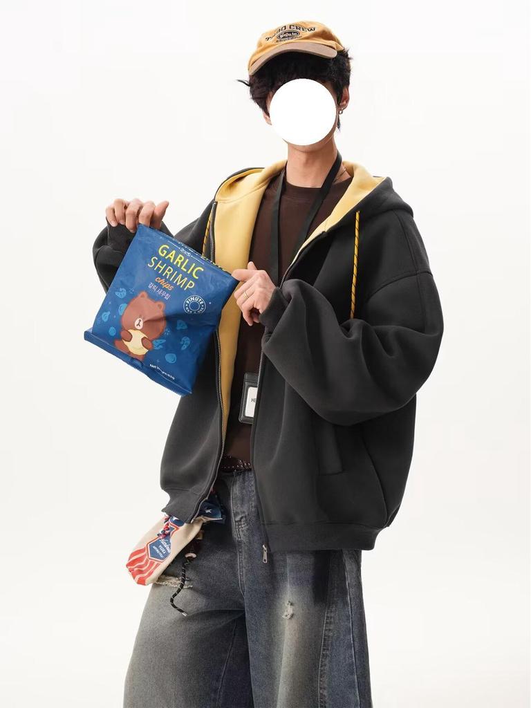 Унисекс худи колор-блок осенних цветов: Спортивная куртка свободного кроя в стиле колледжа на двойной молнии