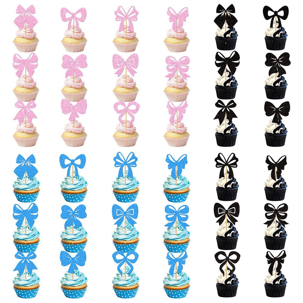 Birthday Party Cake Decoration With Gold Glitter Paper Bows And Flags For Festive Celebration