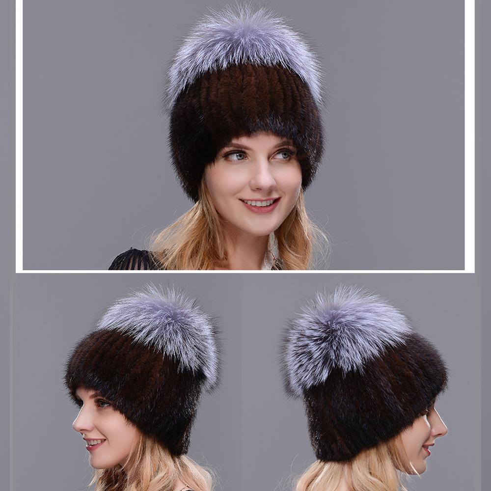 JERYAFUR Вязаная женская шапка с мехом норки пэчворк