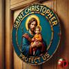 St Christopher Medal Tin Sign Religious Wall Decor Vintage Blue Gold Circular