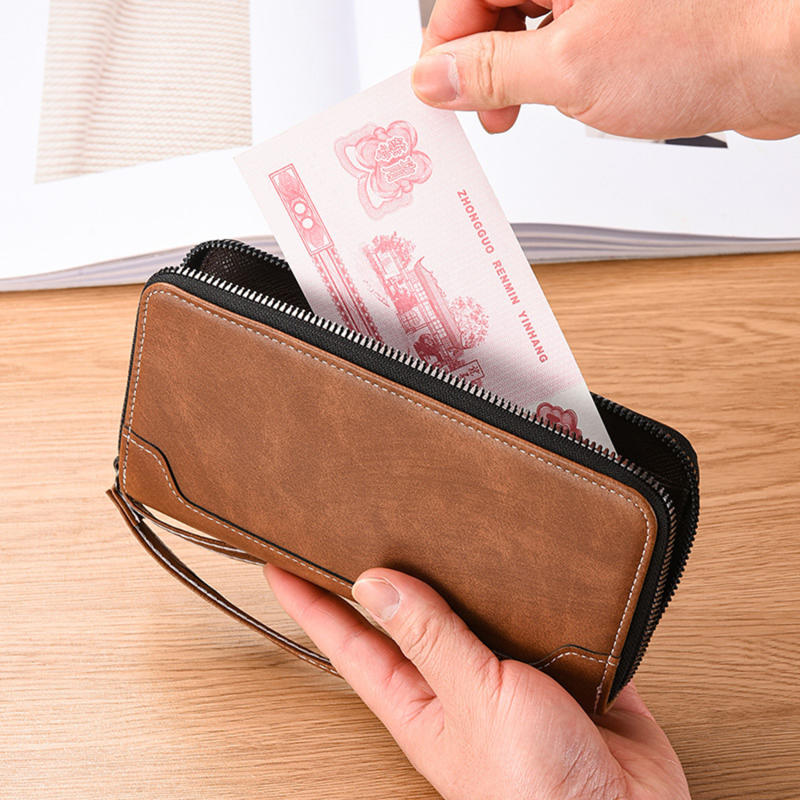 Men's Business Leather Wristlet Wallet Large Capacity Credit Card Holder Clutch Purse with Zipper