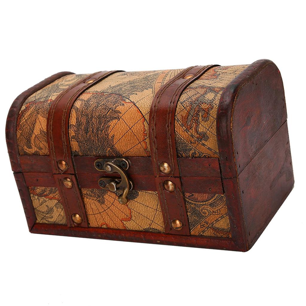 Vintage Wood Box Jewelry Storage Case Handmade Treasure Chest (Map)