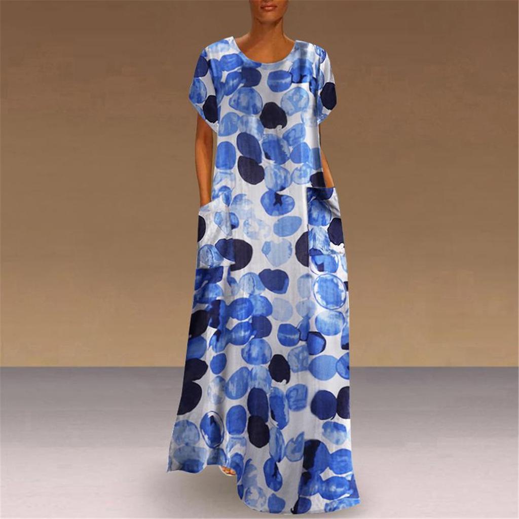 Women Spring Summer National Style Bohemian Long Dress Straight O-Neck Short Sleeve Loose Waist Print Pocket