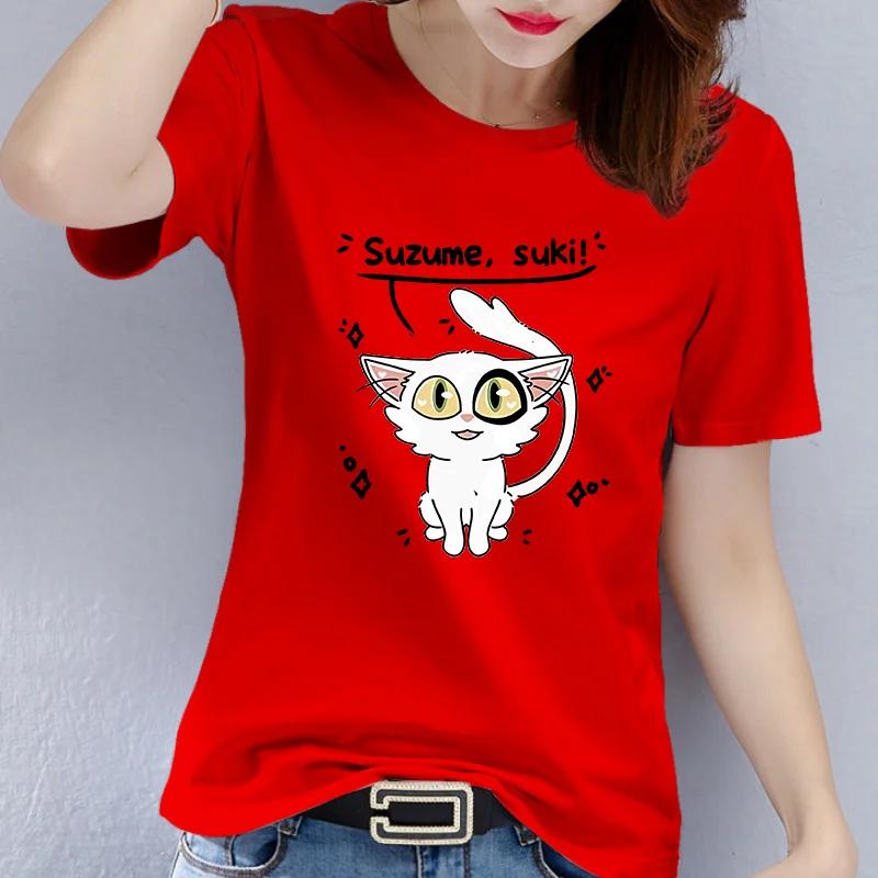cotton   Anime Suzume Suki White Cat Print T Shirt Women Cute Cartoon Graphic Short Sleeve Casual Summer Red Tee