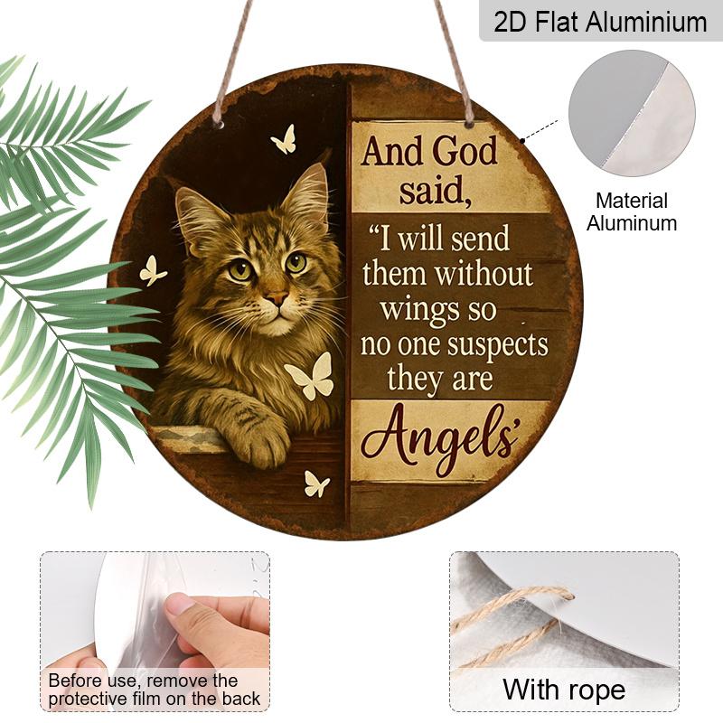 2D Flat, 1pc Aluminum Metal Sign, Inspired by Cats and Butterflies, Decor Features Christian Quote and Wingless Angel Motif.Suitable for