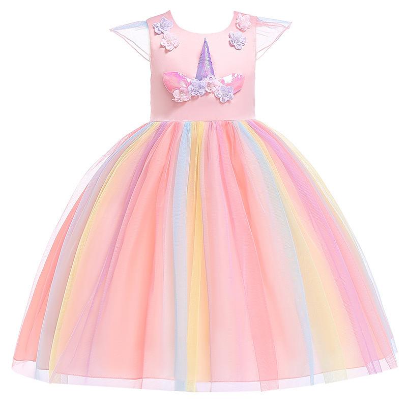 Rainbow Mesh Unicorn Evening Tutu Dress, Flower Girl Kids Birthday Carnival Performance Gown