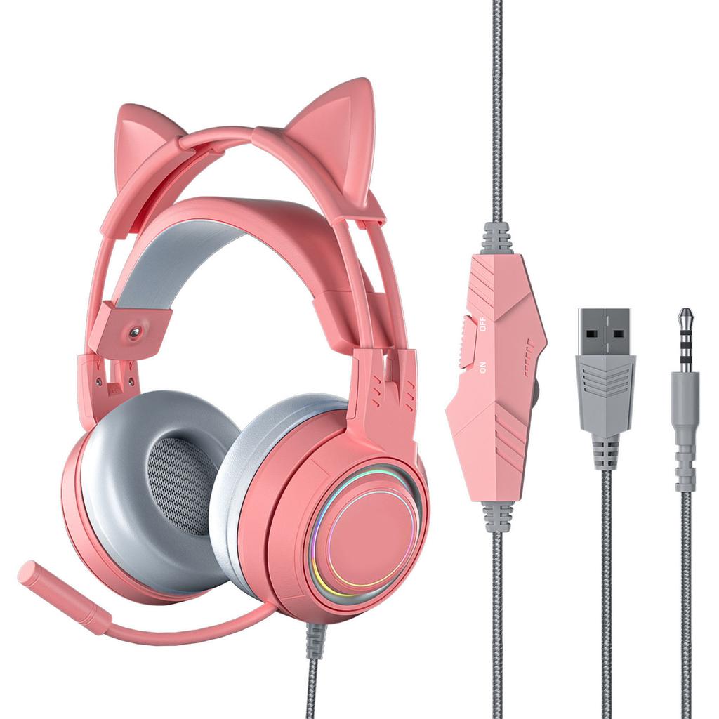 Наушники Cat Ear с микрофоном для шумоподавления для девочек, полностью обернутые амбушюры, проводные, игровые