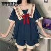 Women's Pajamas Summer Suit Ladies Short Sleeve Shorts Two Piece Loose Homewear Navy Collar Princess Style Girls Pajamas Cute Sleepwear