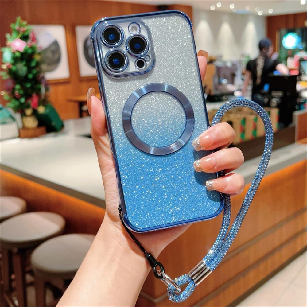 For iPhone 16 Pro Max Case Compatible with MagSafe Electroplated Gradient Glitter Phone Cover with Lanyard