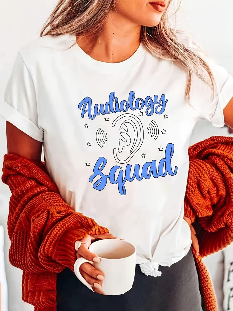 Women'S T-Shirt Featuring An Audiology Squad Graphic, White Short-Sleeve Round Neck Printed Tee - Machine Washable, Casual Style, Comfortable Fit,