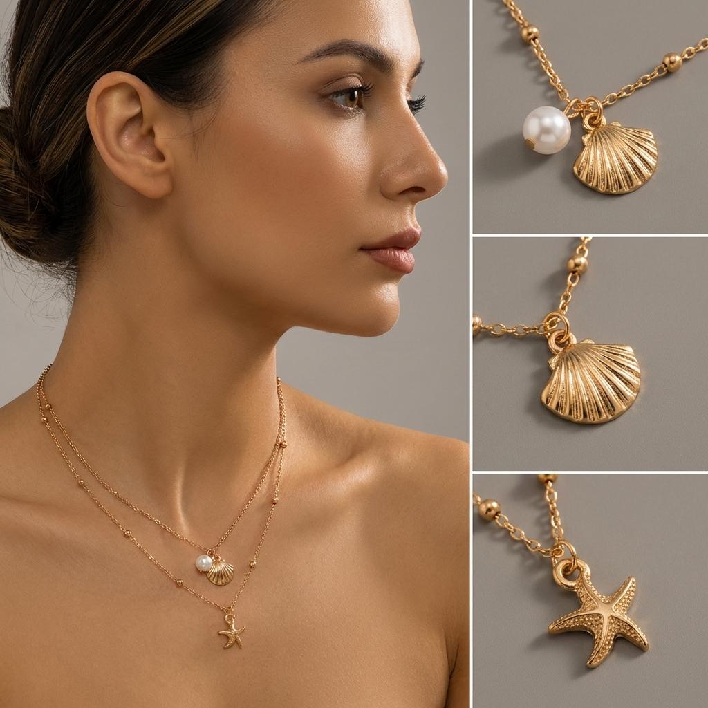 Minimalist Starfish Ball Chain Necklaces for Women Double Layer Metal Shell Sea Star Pendant Necklaces Holiday Party Jewelry