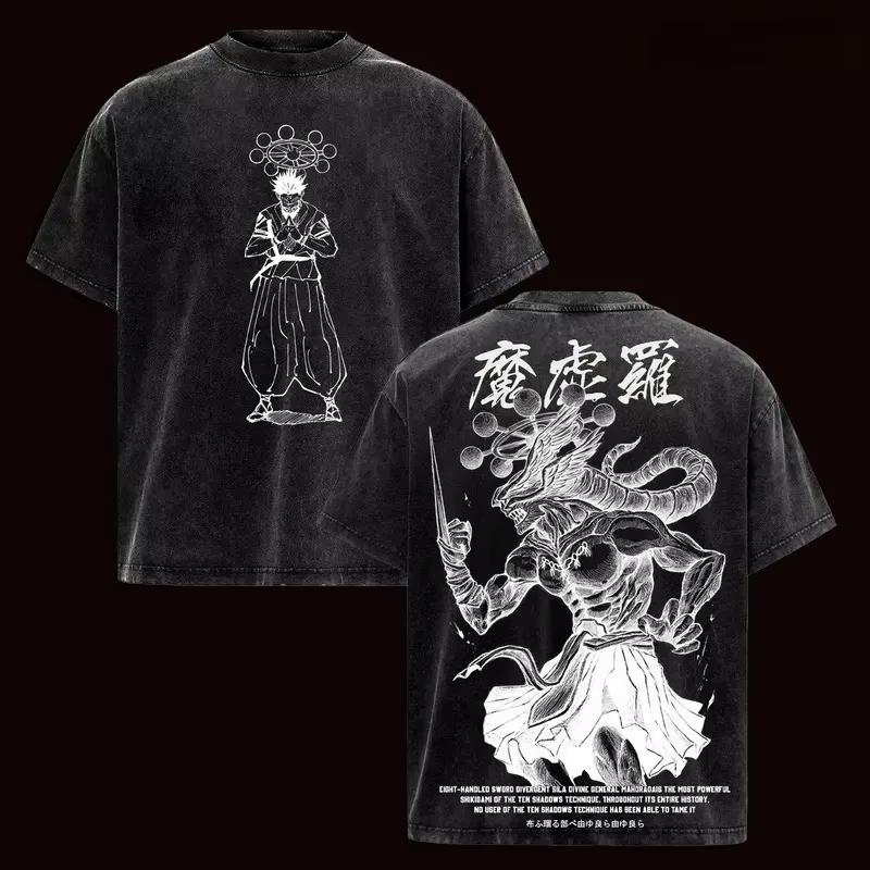Anime Jujutsu Kaisen Ryomen Sukuna Mahoraga Men's Clothing Womenls Washed Cotton Tee Retro T-shirt Harajuku 2026 Summer T Shirt