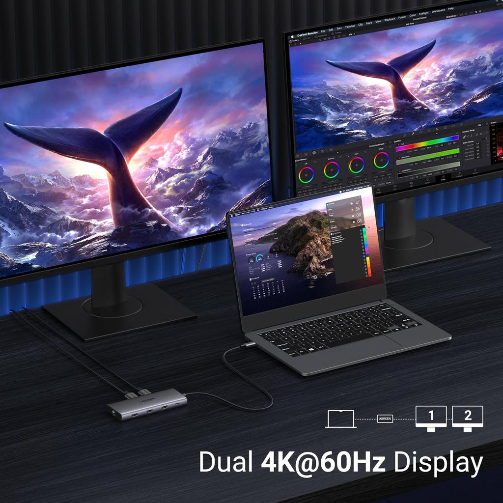 Ugreen Док-станция Revodok Pro 210 с двумя расширениями HDMI и одним портом 3.5 мм, передача данных 5 Гбит/с, быстрая зарядка 100 Вт PD, Gigabit Ethernet, слоты для карт Micro SD и TF