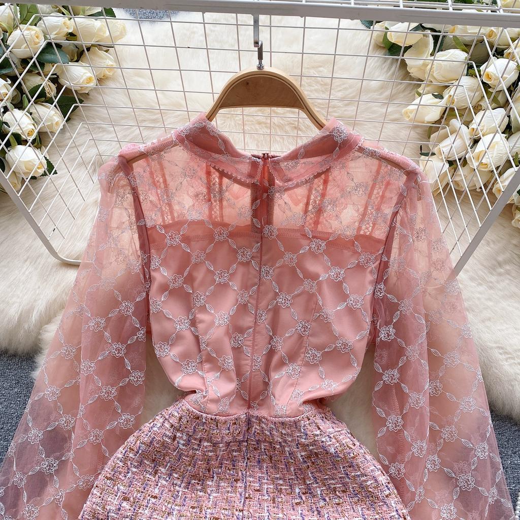 Новые весенние женские сетчатые твидовые вечерние платья в клетку с вышивкой, роскошное розовое мини-короткое платье с вышивкой бисером и бриллиантами