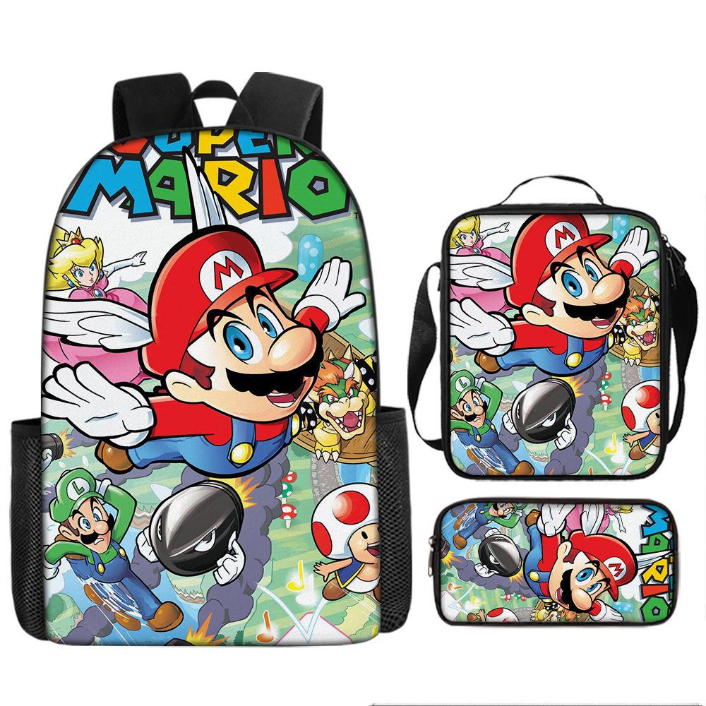 Large Capacity Backpack Set Super Mario Graphic Kids Backpack School Bag 3-Piece Set for Children